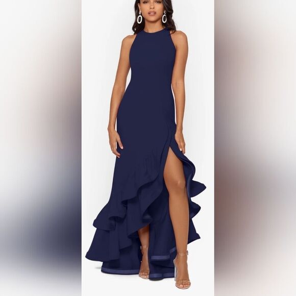 Betsy & Adam Arielle Ruffle Tier Scuba Crepe Dress NWT Size 12 Navy Blue - Picture 1 of 6